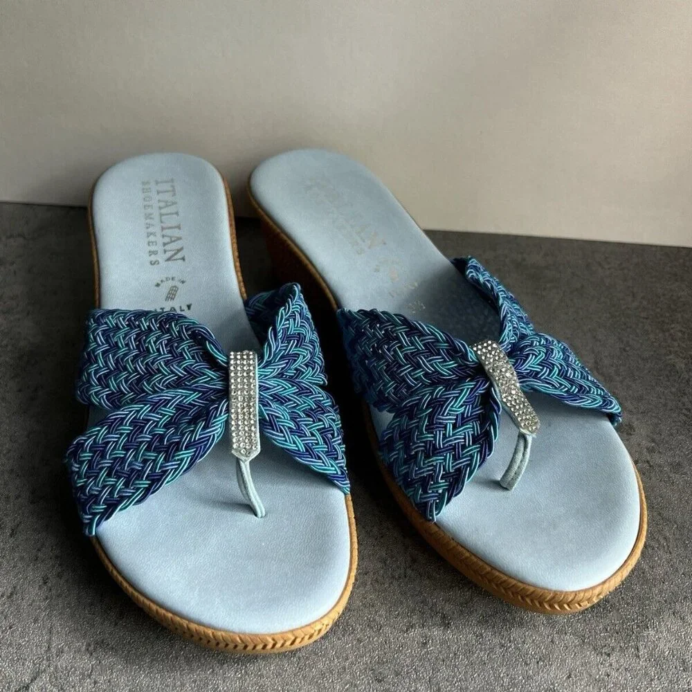 Italian Shoemakers Mixed Blue Rhinestone Sparkle Thong Wedge Sandals Size 9.5 M - Picture 9 of 16